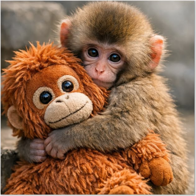 Baby monkey hugging an orange stuffed monkey toy in a close-up portrait