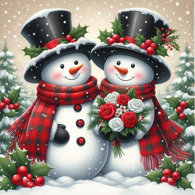Two cheerful snowmen in top hats and red plaid scarves standing in snow with holly and roses