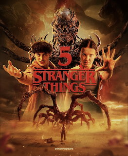 Stranger Things Season 5 poster with characters, monsters, and logo against fiery sky