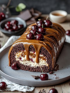 Chocolate Swiss roll cake with cream filling, caramel drizzle, and cherries on a plate