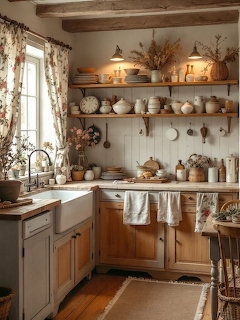 Rustic cottage kitchen with wooden cabinets, farmhouse sink, open shelves with pottery, and floral curtains