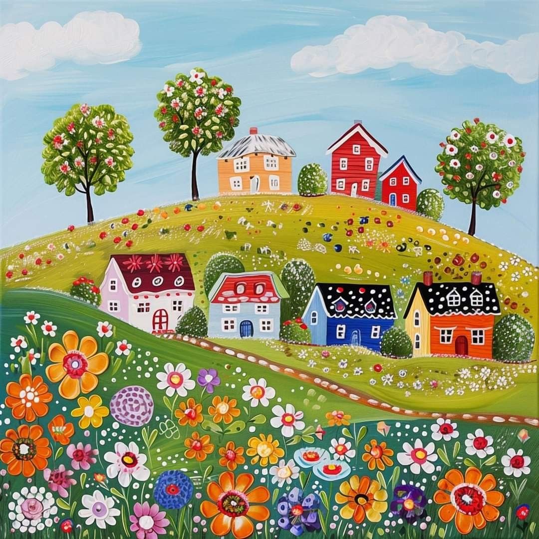 Folk art painting of colorful houses on rolling hills with decorative flowers and trees