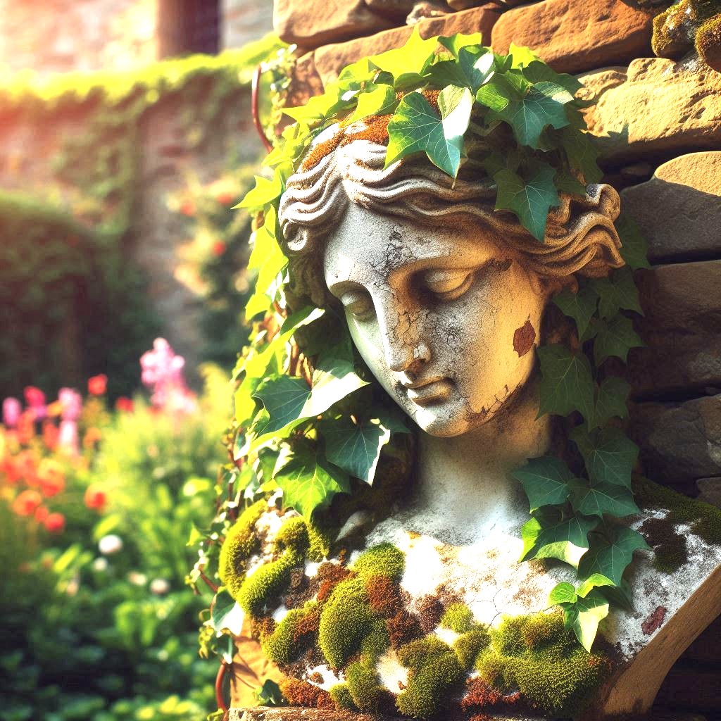 Weathered stone bust sculpture with moss and ivy in a garden setting