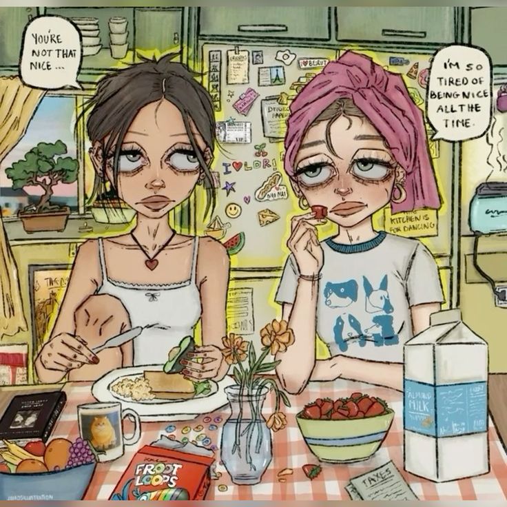 Two cartoon girls eating breakfast at kitchen table with speech bubbles