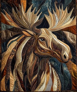 Fabric quilt artwork showing a moose with antlers made from patchwork textiles in brown, tan, and dark colors