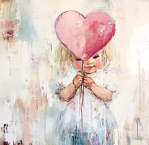 Painted girl in white dress holding pink heart balloon against textured background