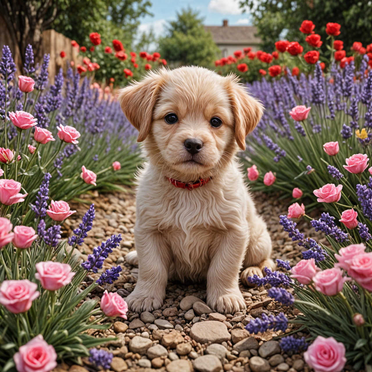 Golden retriever puppy sitting on stone path surrounded by lavender and pink roses in garden