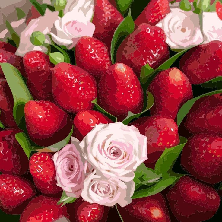 Illustrated bouquet of red strawberries, pink roses, and green leaves