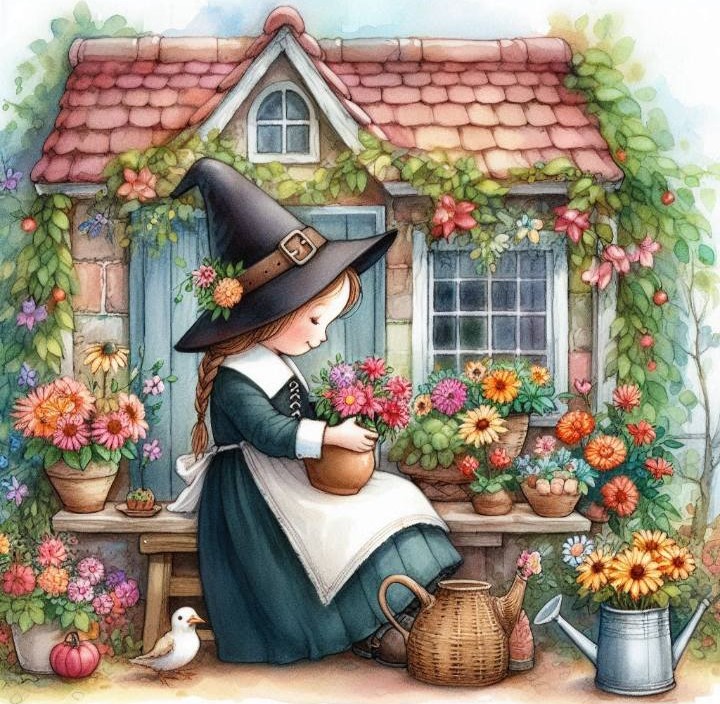 Watercolor witch in black dress watering flowers at cottage with red roof and abundant garden blooms