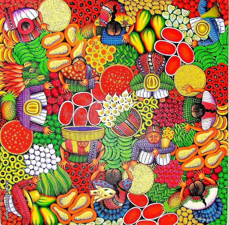 Colorful collage of illustrated fruits and vegetables with decorative patterns in red, green, yellow, and orange