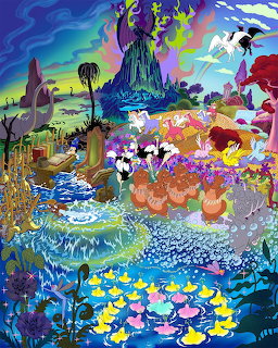 Colorful Disney Fantasia artwork showing Mickey Mouse, hippos, mushrooms and magical scenes