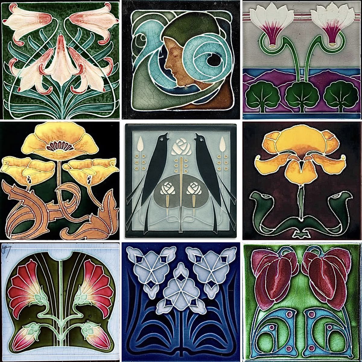 Nine Art Nouveau decorative tiles arranged in a grid, each with distinct floral and organic patterns in various colors