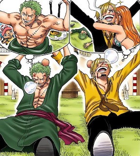 Anime collage of four One Piece characters celebrating with food and drinks in an outdoor park scene