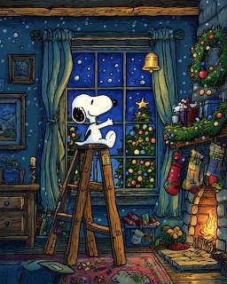 Snoopy on a ladder in a cozy Christmas room with a fireplace, stockings, and a decorated tree