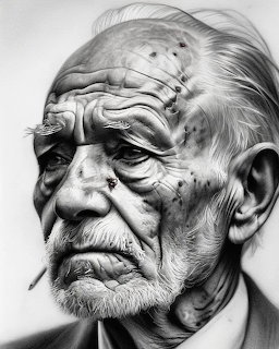 Detailed pencil drawing of an elderly man's wrinkled face with intense expression
