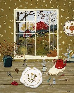 Illustrated open window with autumn farm view and sewing items on a wooden table