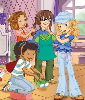 Cartoon illustration of four girls playing dress-up together in a purple bedroom