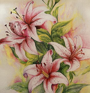 Painting of several pink lilies with green leaves on a pale pastel background