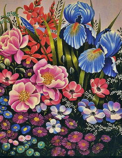 Colorful painting of garden flowers including pink peonies, blue irises, red gladioli, and daisies