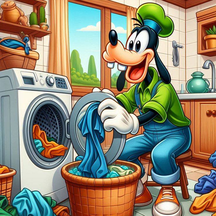 Goofy cartoon character loading blue clothes into washing machine in kitchen