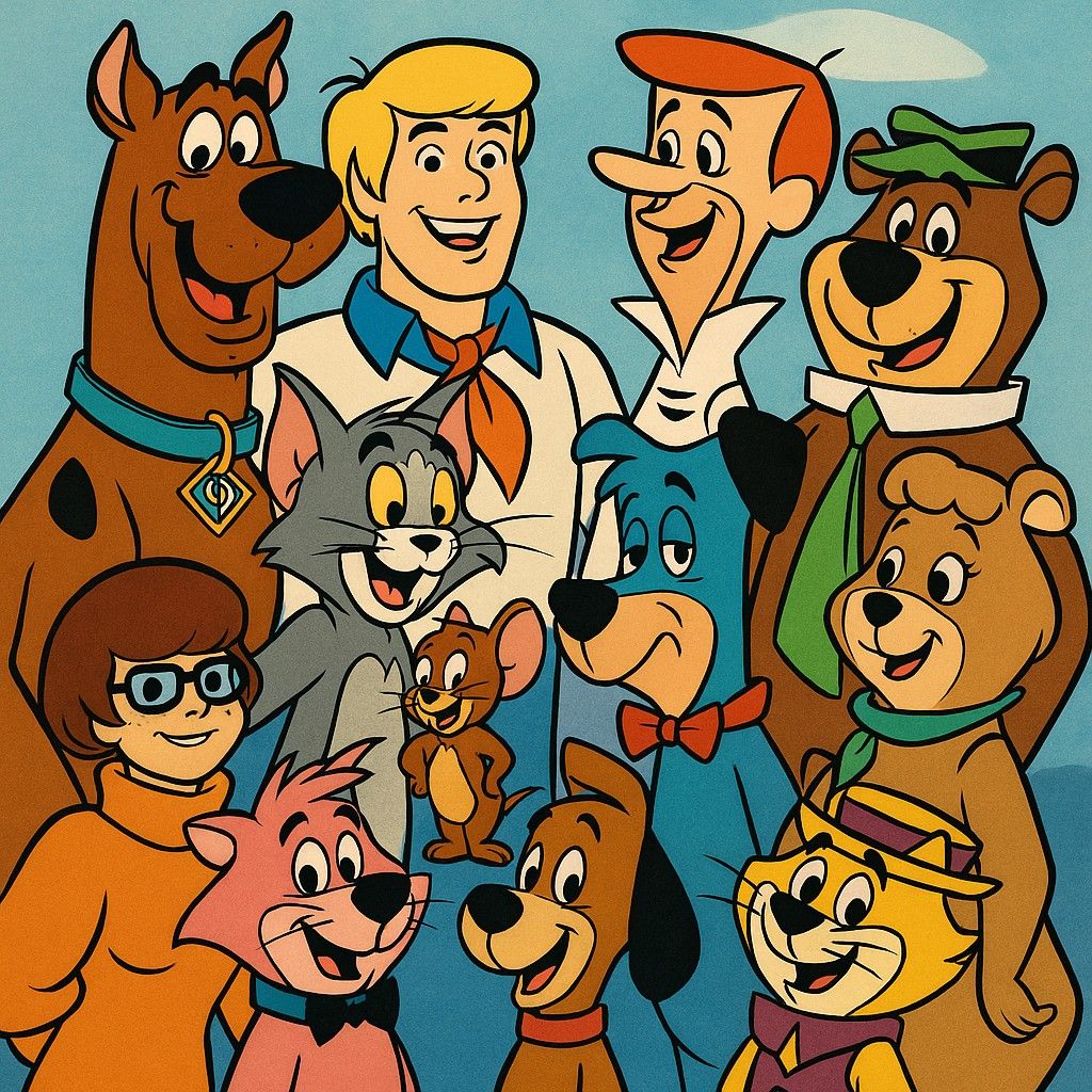 Group of classic cartoon characters including Scooby-Doo, Yogi Bear, Fred Flintstone and others smiling together