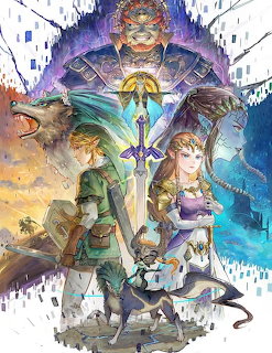 Illustration of Link and Princess Zelda with a wolf and glowing sword in Twilight Princess style