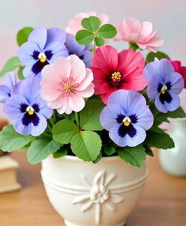 Colorful pansies and pink flowers in a white ceramic vase with green leaves