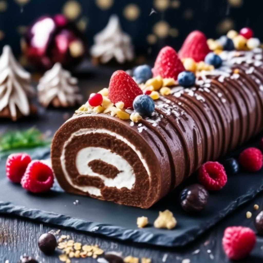 Sliced chocolate yule log cake topped with raspberries, blueberries, and festive decorations on slate