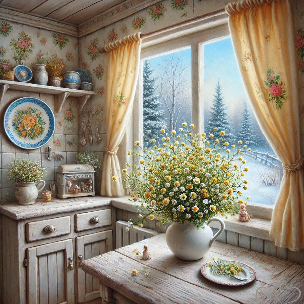 Rustic kitchen with daisy bouquet and snowy winter view through window