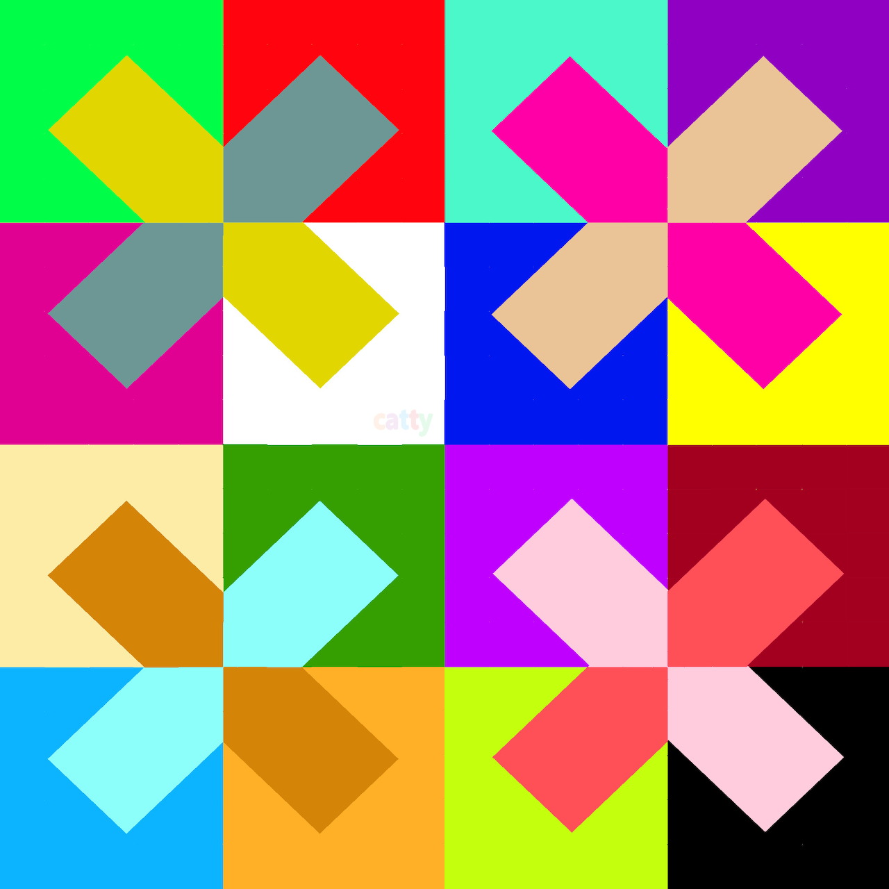 Grid of colorful geometric squares with overlapping tilted rectangles in various bright colors