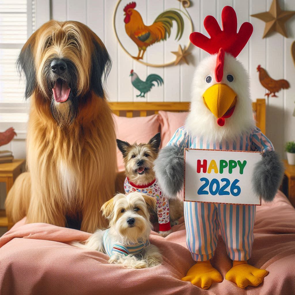 Three dogs on a bed next to a chicken mascot holding a Happy 2026 sign