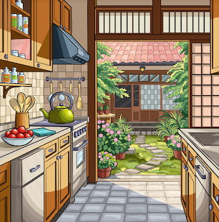 Illustrated kitchen with wooden cabinets and an open door to a flowering garden path