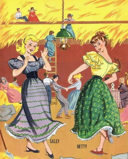 Vintage illustration of two paper doll women in square dance dresses at a barn dance