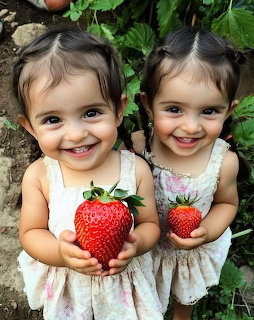 Two smiling toddler twin girls holding large red strawberries in a garden