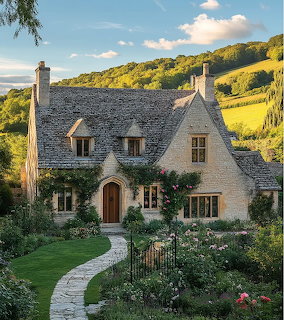 Stone cottage with garden path and flowering plants against hillside backdrop