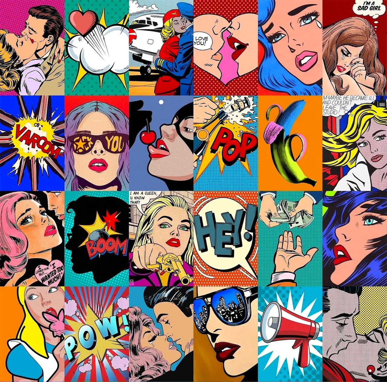 Colorful pop art collage of comic-style faces and speech bursts in retro panels