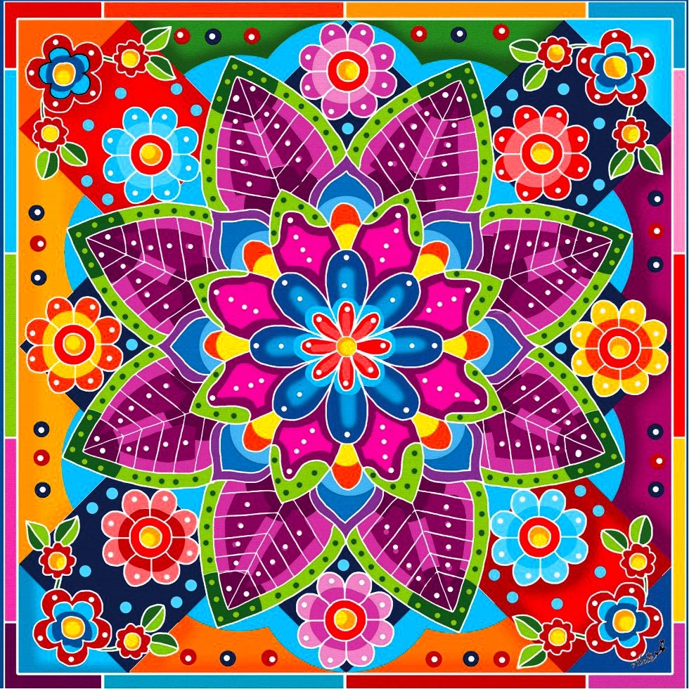 Vibrant symmetrical mandala with purple petals and colorful floral patterns on bright background