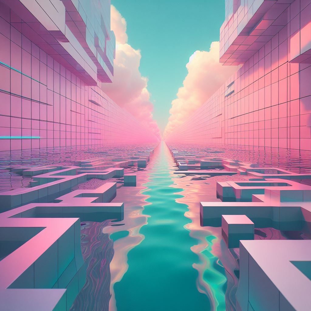 Surreal vaporwave corridor with pink geometric structures and a turquoise water channel