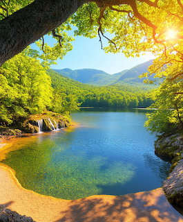 Serene mountain lake with small waterfall, green foliage canopy, sandy beach and blue sky with sunburst