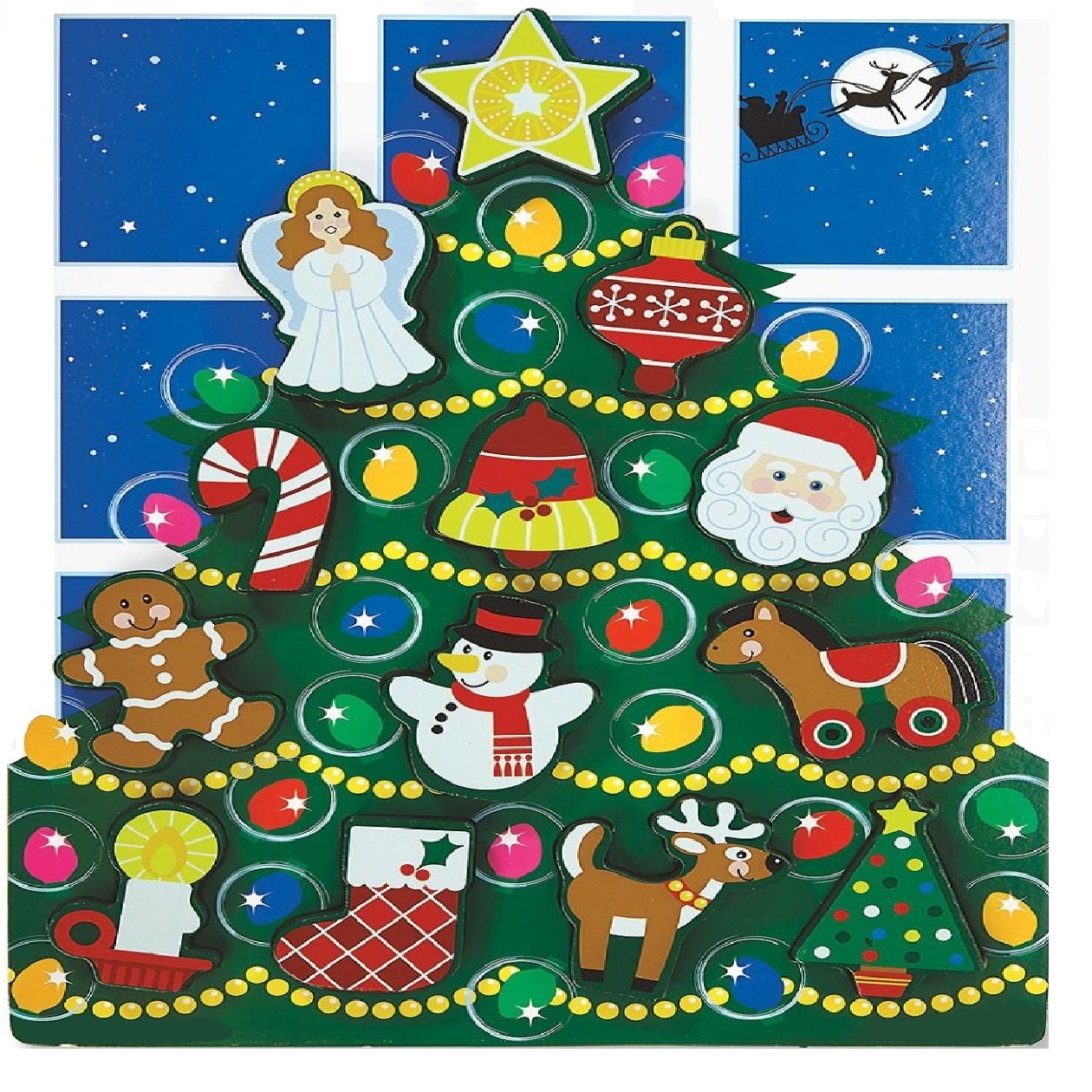 Christmas tree puzzle with colorful ornaments, gingerbread cookies, candy cane, and holiday decorations on blue starry background