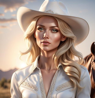 Woman wearing white cowboy hat and western shirt with blonde hair in outdoor setting