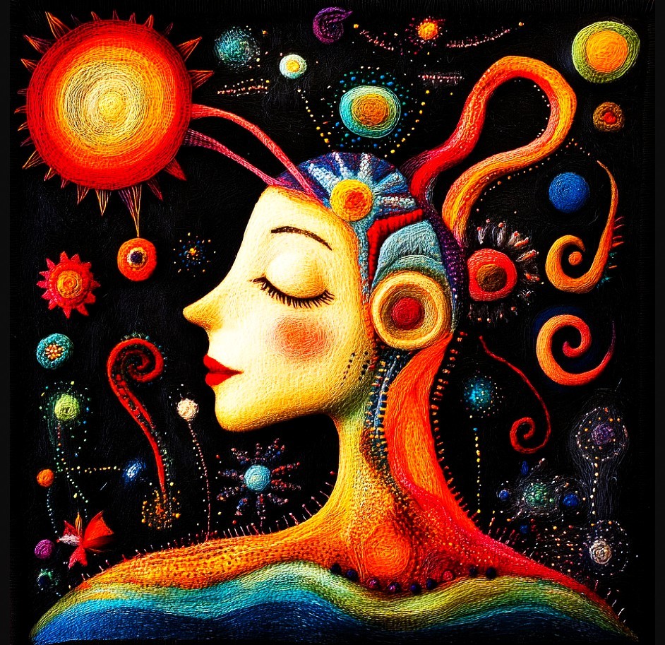 Stylized woman's profile with colorful cosmic hair and planets on black background