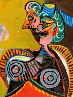 Cubist portrait painting in Picasso style with fragmented face and bold colors