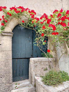 Dark blue door with red climbing roses on stone wall