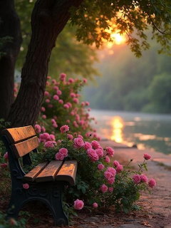 Wooden bench next to pink flowers under tree by lake at sunset