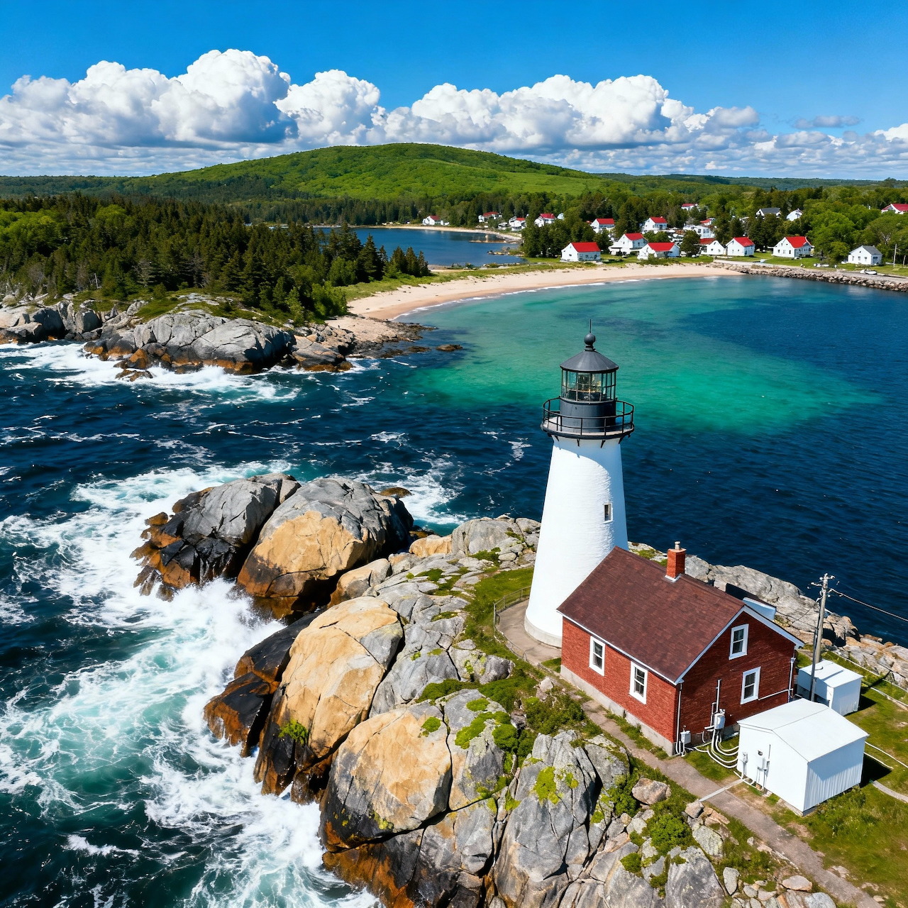 White lighthouse and red-roofed house on rocky coast beside turquoise harbor and a small village