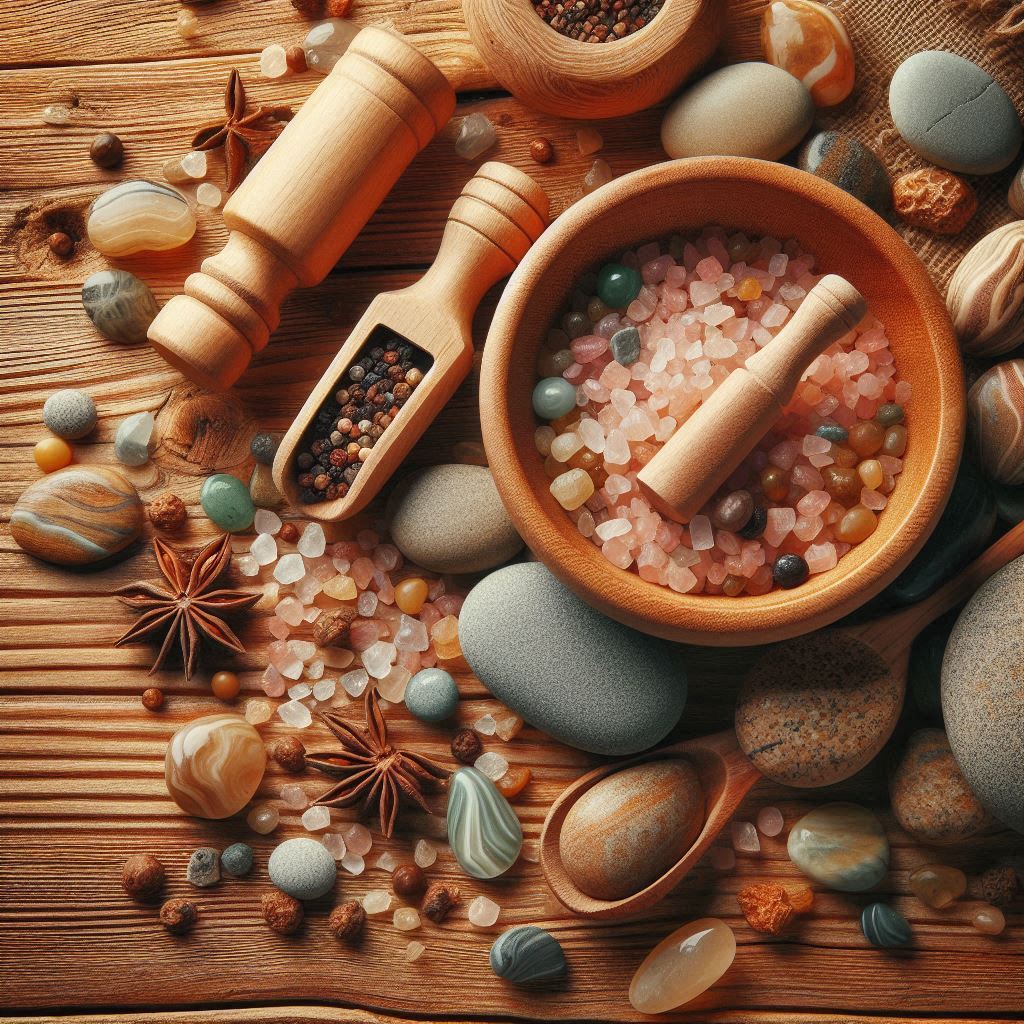 Bowl of pink sea salt with a wooden pestle, spices, and smooth pebbles on a wooden table