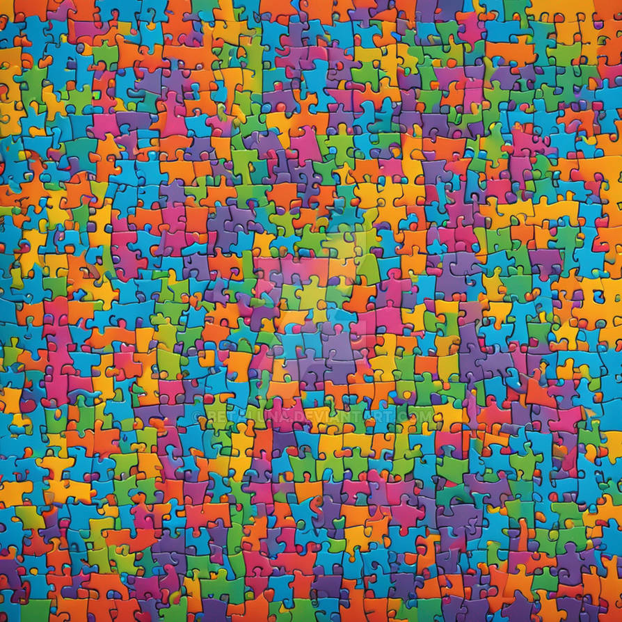 Dense pattern of colorful interlocking jigsaw puzzle pieces in bright rainbow hues covering entire square frame