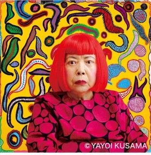 Portrait of Yayoi Kusama in front of a colorful abstract patterned background