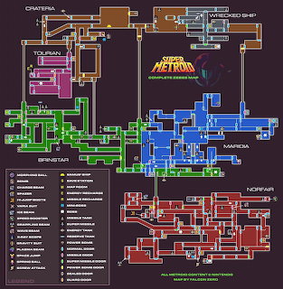 Color-coded Super Metroid world map with labeled areas and connected room layouts